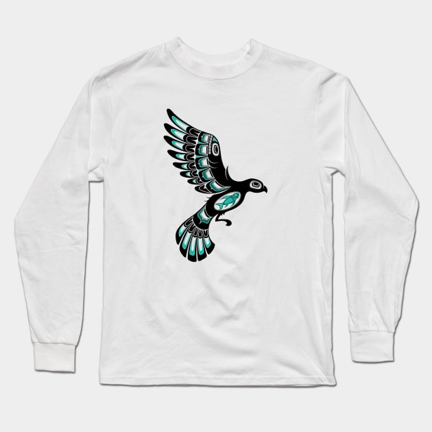 Teal Blue and Black Haida Spirit Flying Bird Long Sleeve T-Shirt by jeffbartels